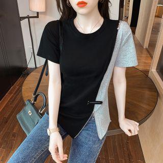 Short-sleeve Two-tone Asymmetrical Zip-up T-shirt