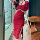 Short-sleeve Fringe Slit Sheath Dress