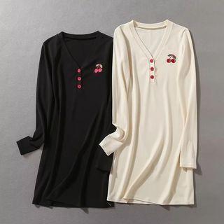 Long Sleeve V-neck Cherry Embroidered Mini T-shirt Dress