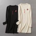 Long Sleeve V-neck Cherry Embroidered Mini T-shirt Dress