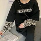 Loose-fit Mock Two-piece Leopard Print Panel Top
