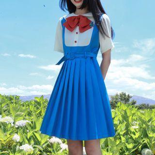 Short-sleeve Mock Two-piece Bow Mini Dress