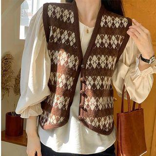 Argyle Button-up Sweater Vest / Plain Blouse