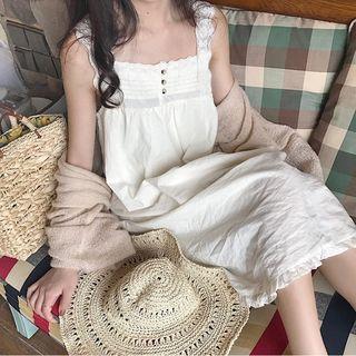 Lace Loose-fit A-line Midi Spaghetti Strap Dress
