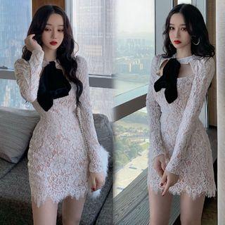 Long-sleeve Bow Lace Sheath Dress