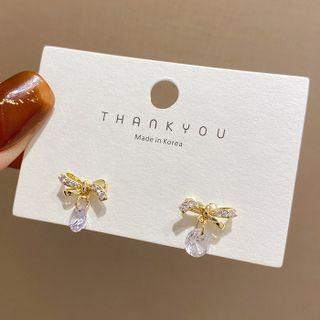 Bow Rhinestone Sterling Silver Dangle Earring E4199 - 1 Pair - White & Gold - One Size