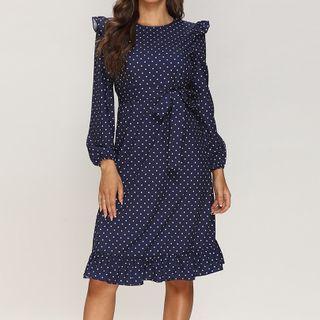 Long Sleeve Ruffled Dotted Midi Dress