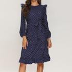 Long Sleeve Ruffled Dotted Midi Dress