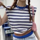 Sleeveless Padded-shoulder Striped Top