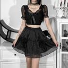 Set: Lace Short-sleeve Crop Top + A-line Skirt