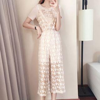 Set: Short-sleeve Lettering T-shirt + Spaghetti-strap Lace Jumpsuit