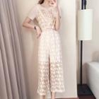 Set: Short-sleeve Lettering T-shirt + Spaghetti-strap Lace Jumpsuit