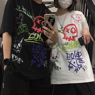 Graffiti Print Elbow-sleeve T-shirt