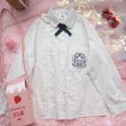 Long-sleeve Peter Pan Collar Bear Embroidered Collar Strap Shirt White - One Size