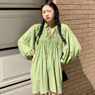 Long-sleeve Tie-strap Ruched Mini A-line Dress Green - One Size
