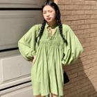 Long-sleeve Tie-strap Ruched Mini A-line Dress Green - One Size