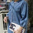Half-placket Puff-sleeve Midi Denim Dress