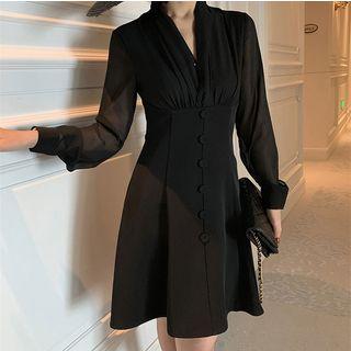 Long-sleeve Buttoned Plain Dress