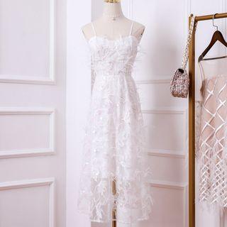 Spaghetti Strap Embroidered Fringed Mesh Dress