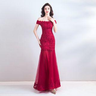 Off-shoulder Short-sleeve Embroidered Mermaid Evening Gown