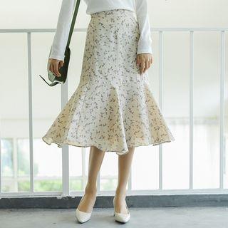 Floral Ruffle Hem Midi Skirt