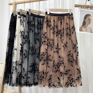 Leaf Print Mesh Midi A-line Skirt