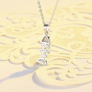 Fish Bone Rhinestone Pendant Sterling Silver Necklace Silver - One Size