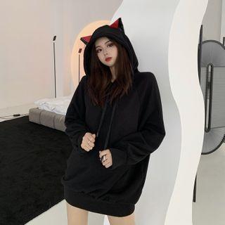 Fleece-lined Cat Ear Hoodie Black - One Size