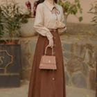 Set: Long-sleeve Shirt + Midi A-line Skirt + Belt