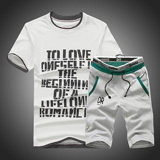 Set: Lettering Short Sleeve T-shirt + Drawstring Waist Shorts