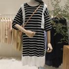 Striped Elbow-sleeve Knit Dress Black - One Size
