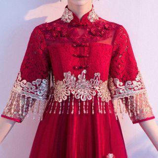 3/4-sleeve Embroidered Embellished Qipao Wedding Gown