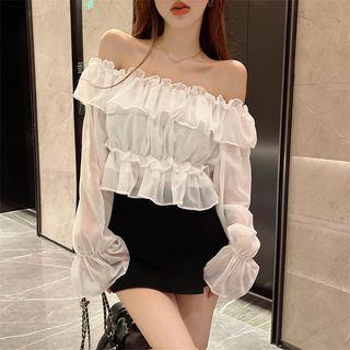Off Shoulder Ruffle Chiffon Blouse White - One Size