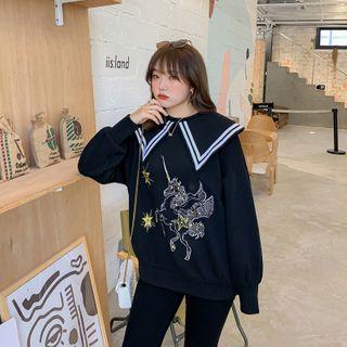 Unicorn Embroidered Sailor-collar Sweatshirt