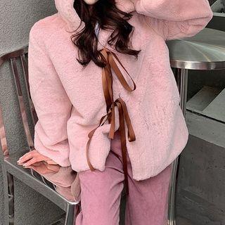 Tie-front Hooded Furry Jacket