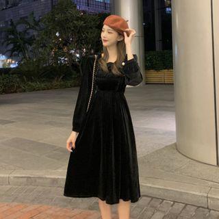 Long-sleeve Ruffle Midi A-line Dress Black - One Size