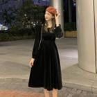 Long-sleeve Ruffle Midi A-line Dress Black - One Size