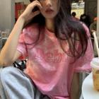 Short-sleeve Lettering Tie-dye Print T-shirt Pink - One Size