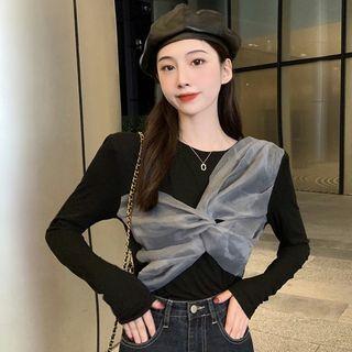 Long-sleeve Mesh Panel Twist T-shirt