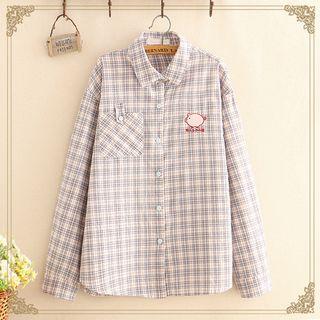 Pig Embroidered Plaid Shirt