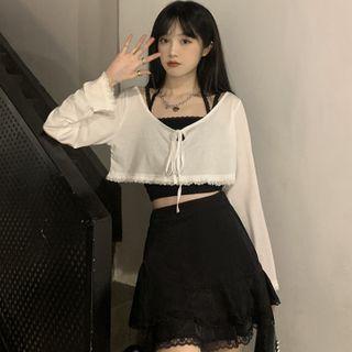 Long-sleeve Lace Trim T-shirt / Cropped Camisole Top / Mini A-line Skirt