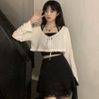 Long-sleeve Lace Trim T-shirt / Cropped Camisole Top / Mini A-line Skirt