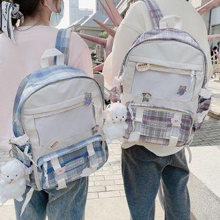 Two-tone / Plaid Canvas Backpack / Brooch / Hanging Decoration / Set