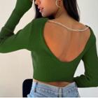Plain Long Sleeve Cut-out Back Detail T-shirt