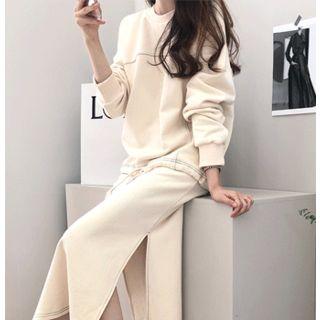 Set: Slit-side Stitched Top + Band-waist Midi Skirt