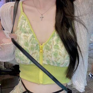 Plain Knit Cardigan / Floral Printed Zip Cropped Camisole Top / High-waist Denim Shorts