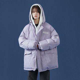 Letter Embroidered Hooded Zip Padded Coat