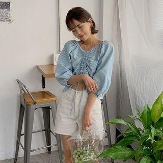 Two-way Drawstring Stripe Denim Top