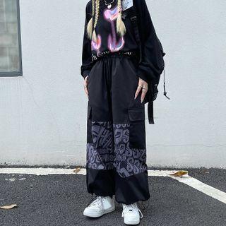 Print Panel Cargo Wide Leg Pants