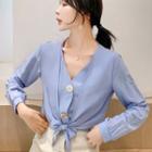 Long-sleeve Buttoned Front-knot Top